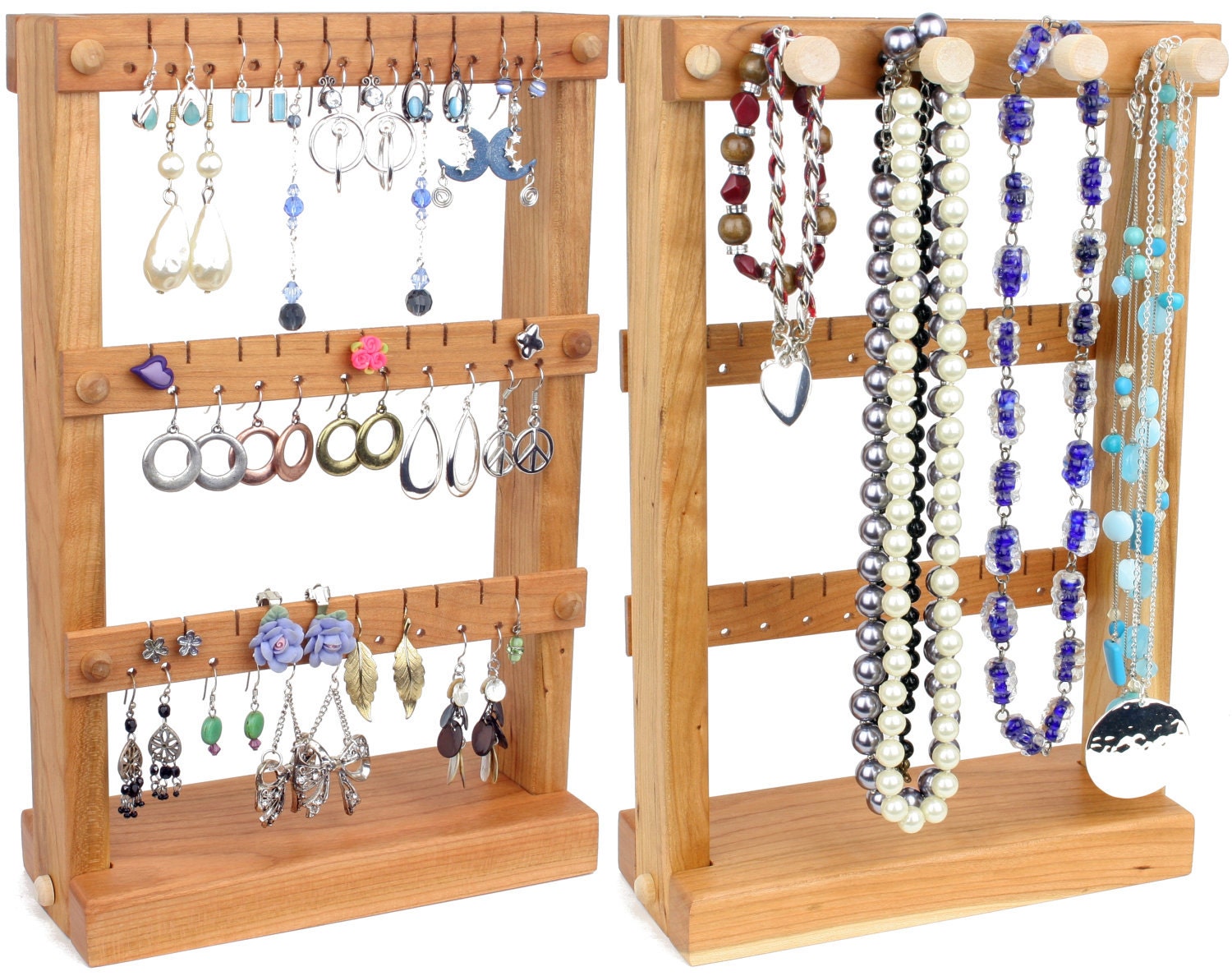 Earring Holder - Jewelry Holder Stand, Wood, Cherry, plus Necklace Holder. Holds 30 pairs plus 4 pegs, Jewelry Display