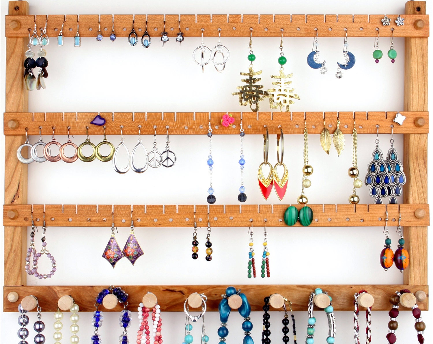 Jewelry Organizer / Earring Holder, Cherry, Wood, Wide, Wall Mount, Necklace Holder. Holds up to 72 pairs, 10 pegs. Jewelry Holder