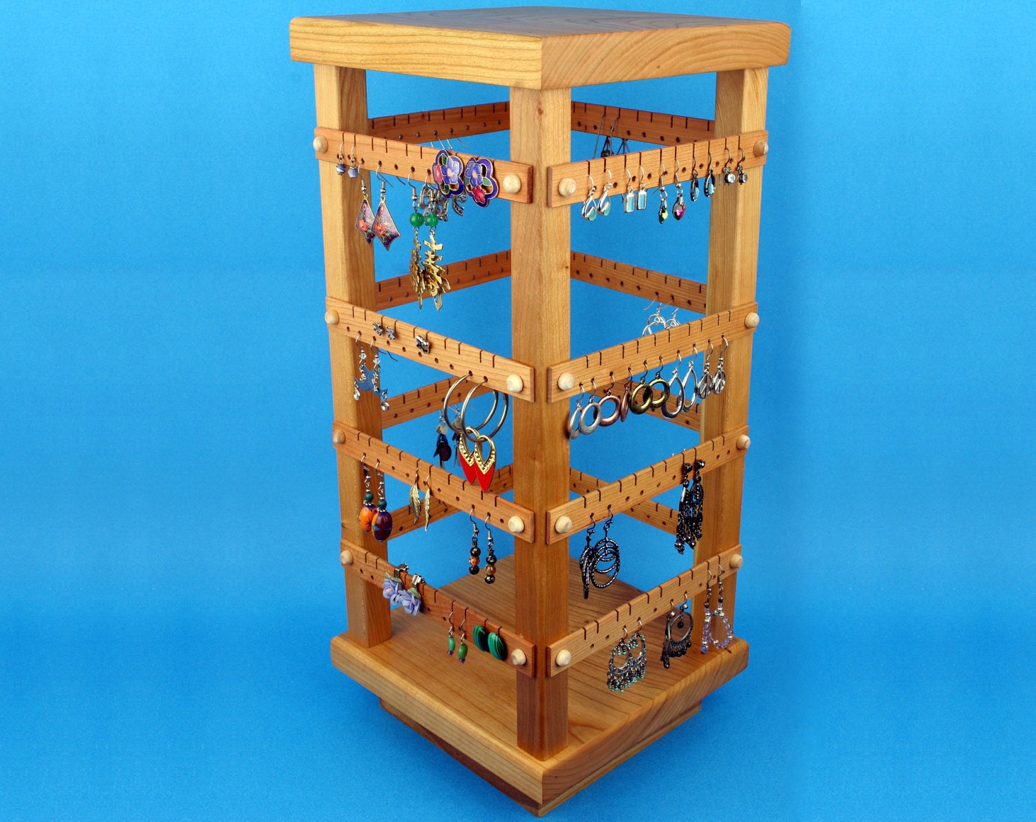 Earring Holder, Cherry, Jewelry Organizer, 4 Sided Spinning Store Jewelry Display with Revolving Base. Holds 160 pairs. Jewelry Holder