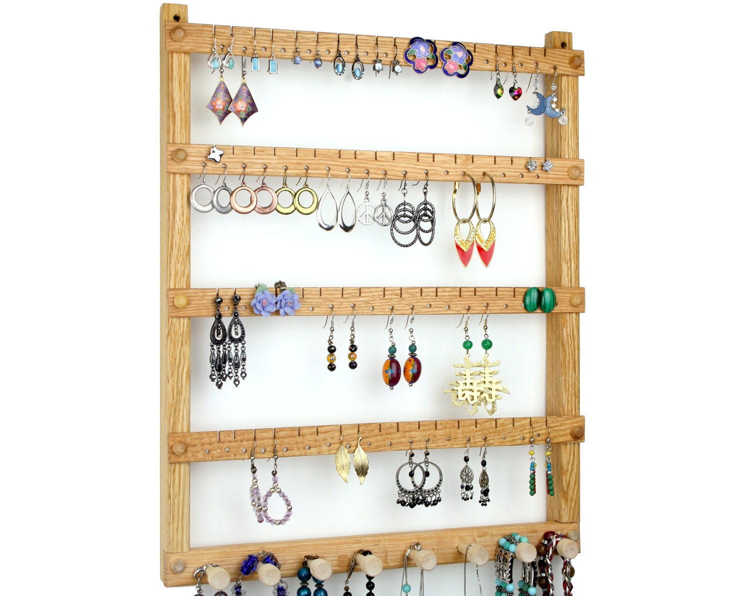 Oak Wood Wall Mount Earring Holder with Necklace, Bracelet Jewelry Organizer. Holds up to 72 pairs plus 8 jewelry pegs. Jewelry Holder