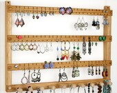 Oak Wall Mount Wooden Jewelry Display, Earring Holder, Wide, Necklace Holder. Holds 72 pairs, 10 pegs. Jewelry Holder - Earrings Holder