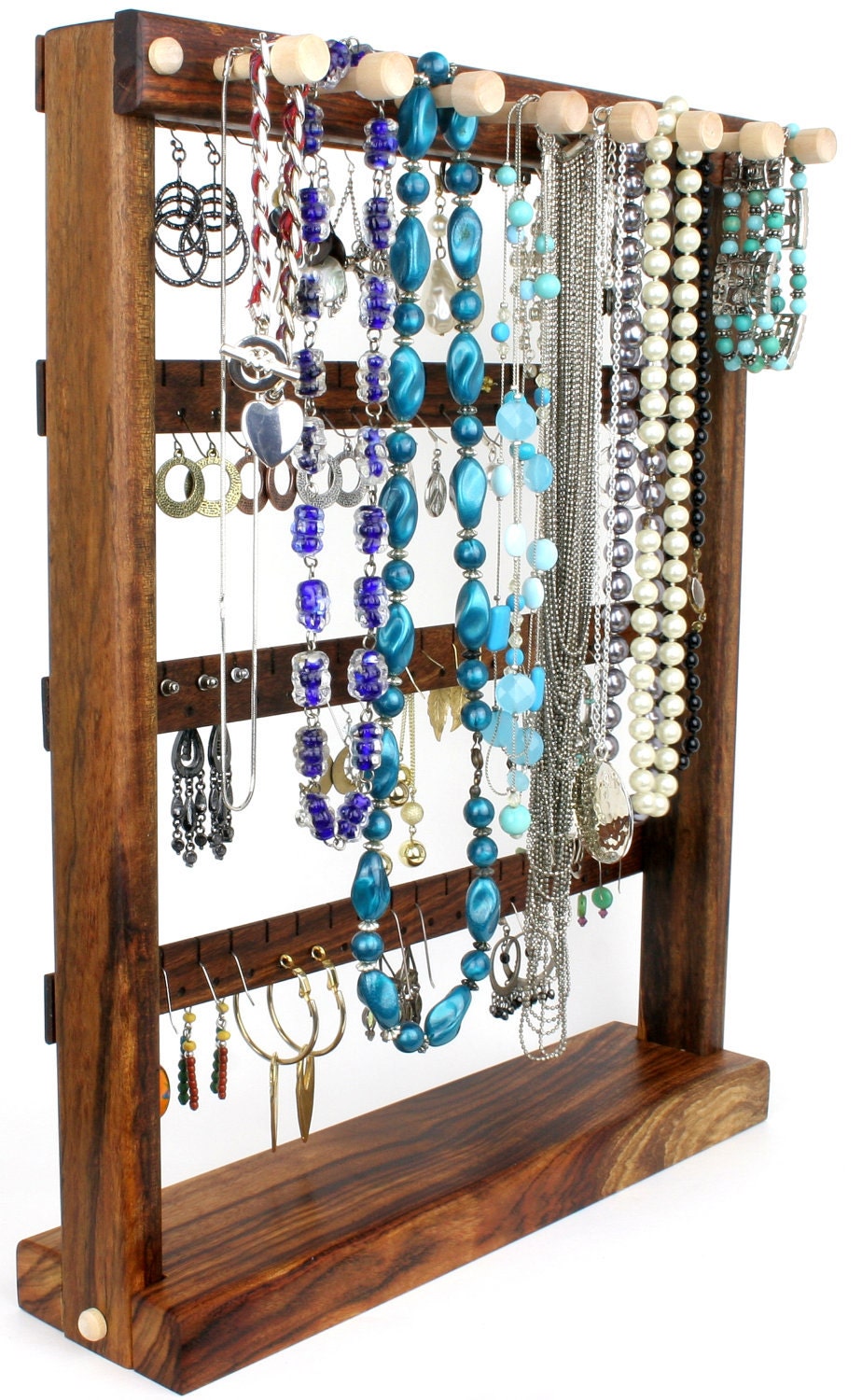 Jewelry Holder - Jewelry Display, Caribbean Rosewood, Necklace Holder. Holds 72 pairs, 8 pegs. Earring Holder - Jewelry Organizer