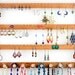 Jewelry Organizer / Earring Holder, Cherry, Wood, Wide, Wall Mount, Necklace Holder. Holds up to 72 pairs, 10 pegs. Jewelry Holder