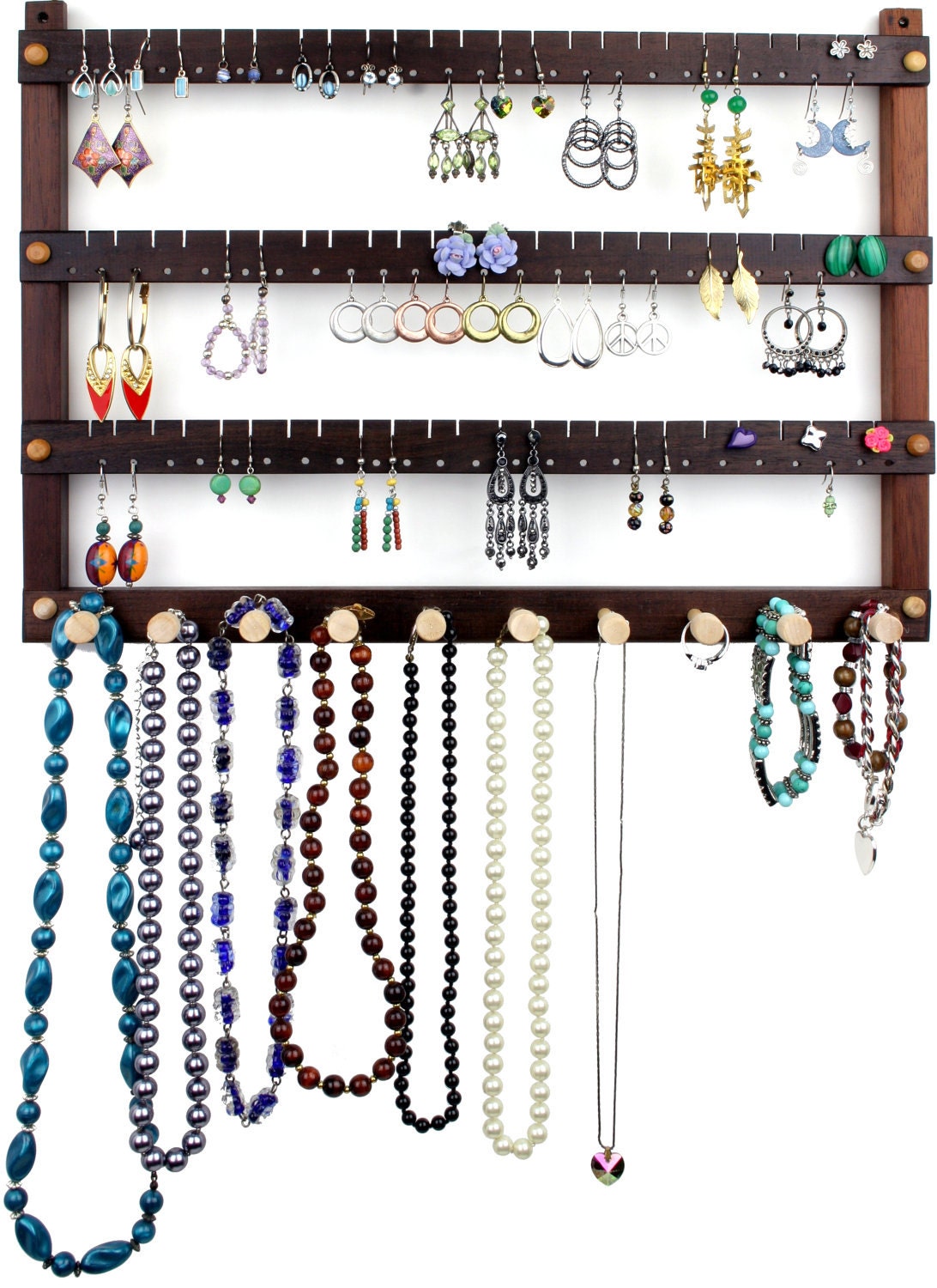 Wall Mount Earring Holder - Wooden Hanging Jewelry Organizer, Peruvian Walnut. Holds 72 pairs, 10 pegs. Earring Display - Jewelry Display