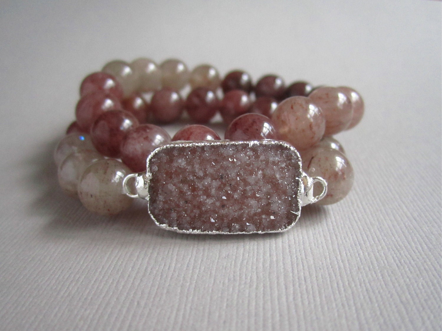 Agate Druzy Bracelet Plum Quartz Beaded Stretch
