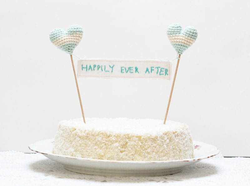 Happily Ever After Sign with Crocheted Hearts Something Blue Wedding Cake Topper  by Cherrytime on Etsy