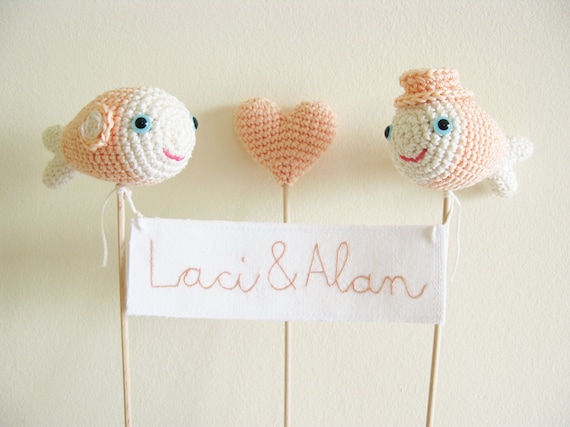 Personalized Peach Wedding Cake Topper Nautical Crochet Fish with Embroidery Names Banner Sign Bride and Groom Made to Order