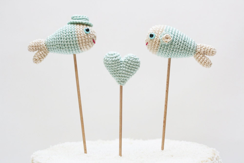 Mint Blue Fish Cake Topper Wedding Nautical Crochet Decor Photo Prop