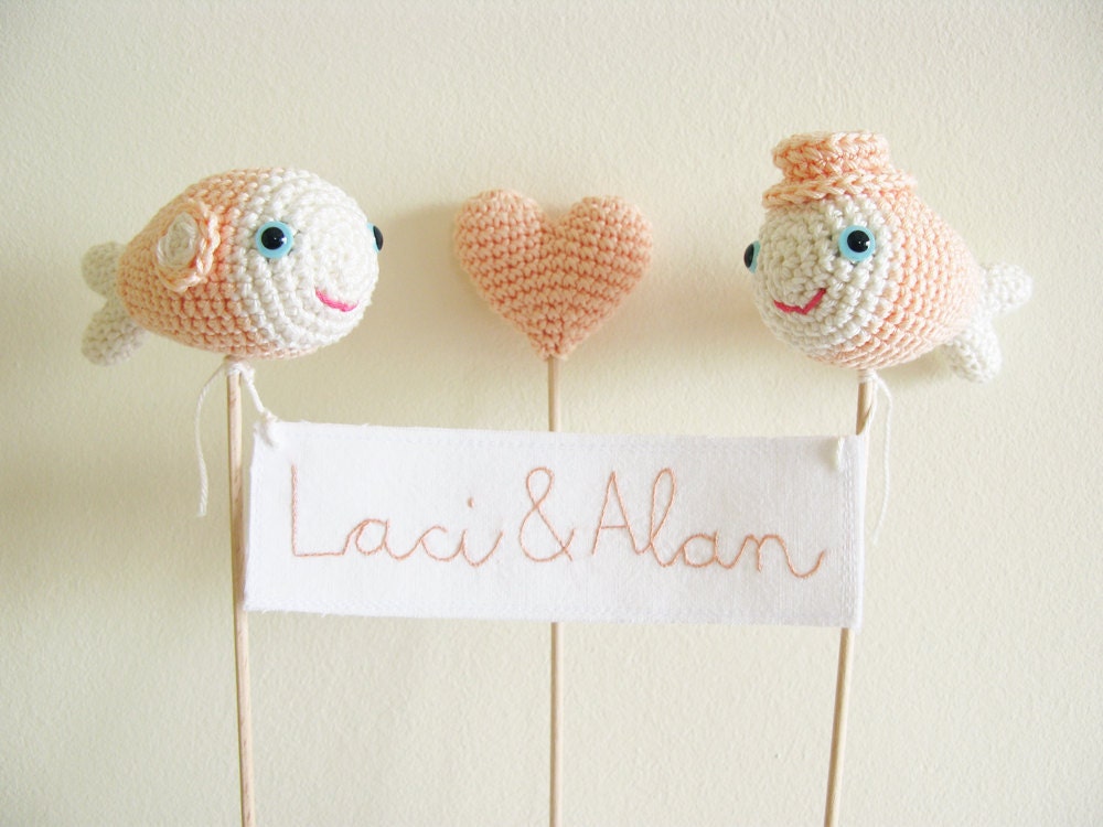 Personalized Peach Wedding Cake Topper Nautical Crochet Fish with Embroidery Names Banner Sign Bride and Groom Made to Order
