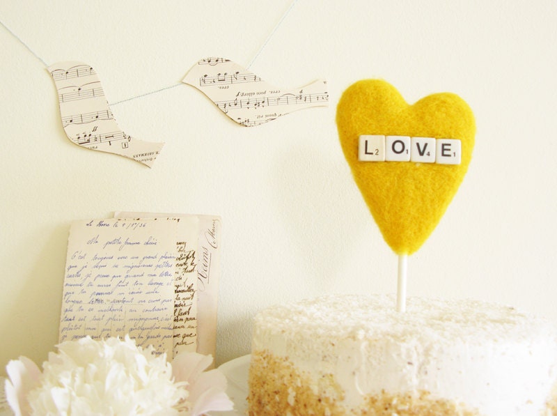 Yellow Heart Wedding Cake Topper with Vintage Dice Sign LOVE Craspedia Color Summer Wedding Photo Prop by Cherrytime