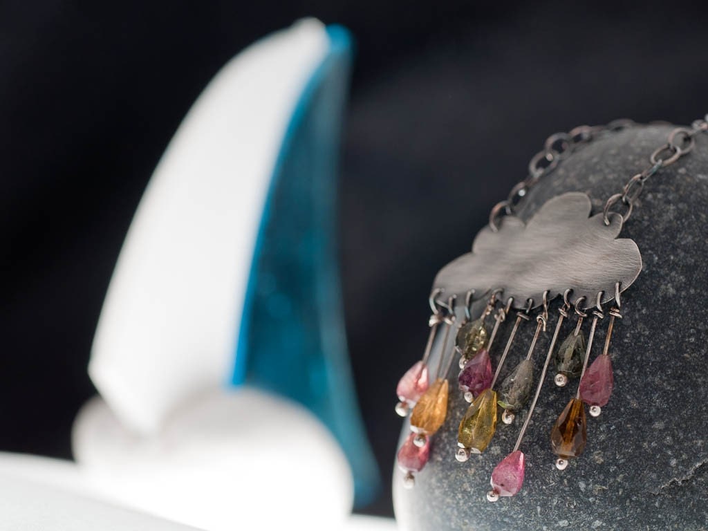 Cumulonimbus Statement Sterling Silver Cloud Necklace oxidized Tourmaline Gemstone Rain Romantic Original Colorful Drops Gift Under 100