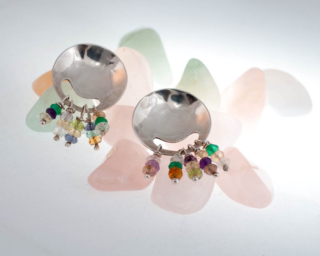 Lollipop Sterling Silver Hammered Shiny Stud Earrings Multicolor Gemstone Charms Personalized Custom Colors Everyday Chic Jewelry