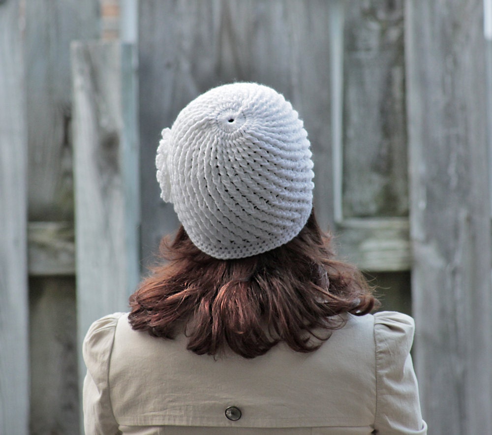 Ladies hat with crochet flower, Women Winter Beanie in White - Chunky beret