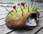 wonderful felted cat cave "flowers and grass on top"