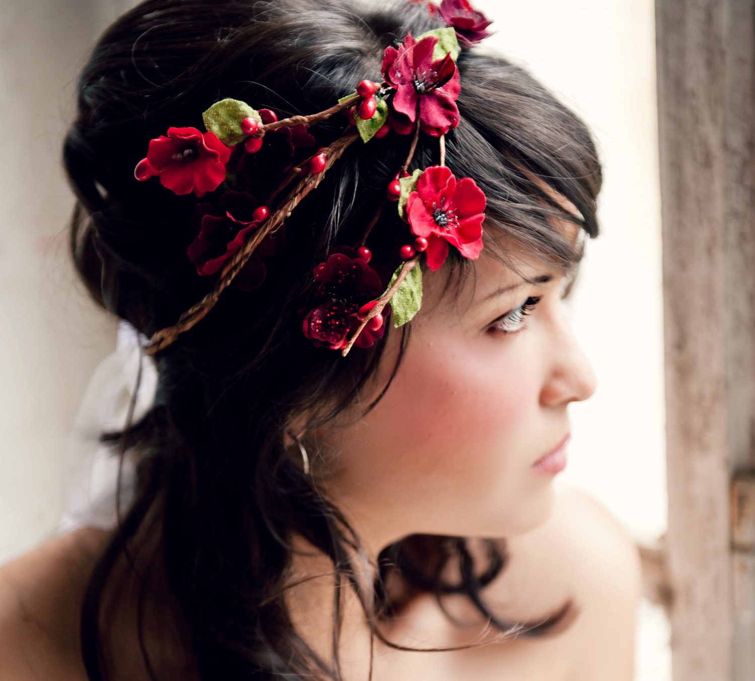 Flower Crown, Cascade Red Millinery Flowers, Wedding Tiara, Bridal Hair Wreath, head wreath, fairy, woodland