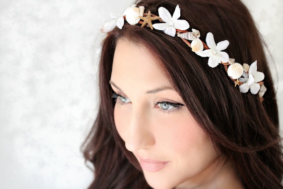 Seashells Starfish & Jasmin, Beach Wedding Flower Crown, White Tiara, wedding accessory, bridal headpiece - LAYLA -