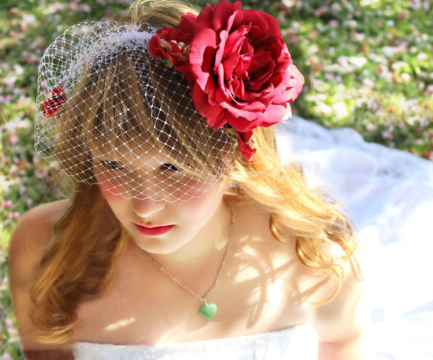 5 pc set, Wedding Hair Flower and Veil Red Rose, wedding accessory - JESS -