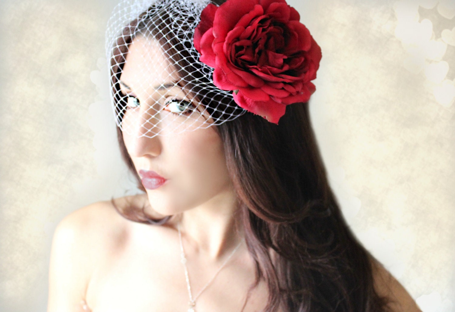 5 pc set, Wedding Hair Flower and Veil Red Rose, wedding accessory - JESS -