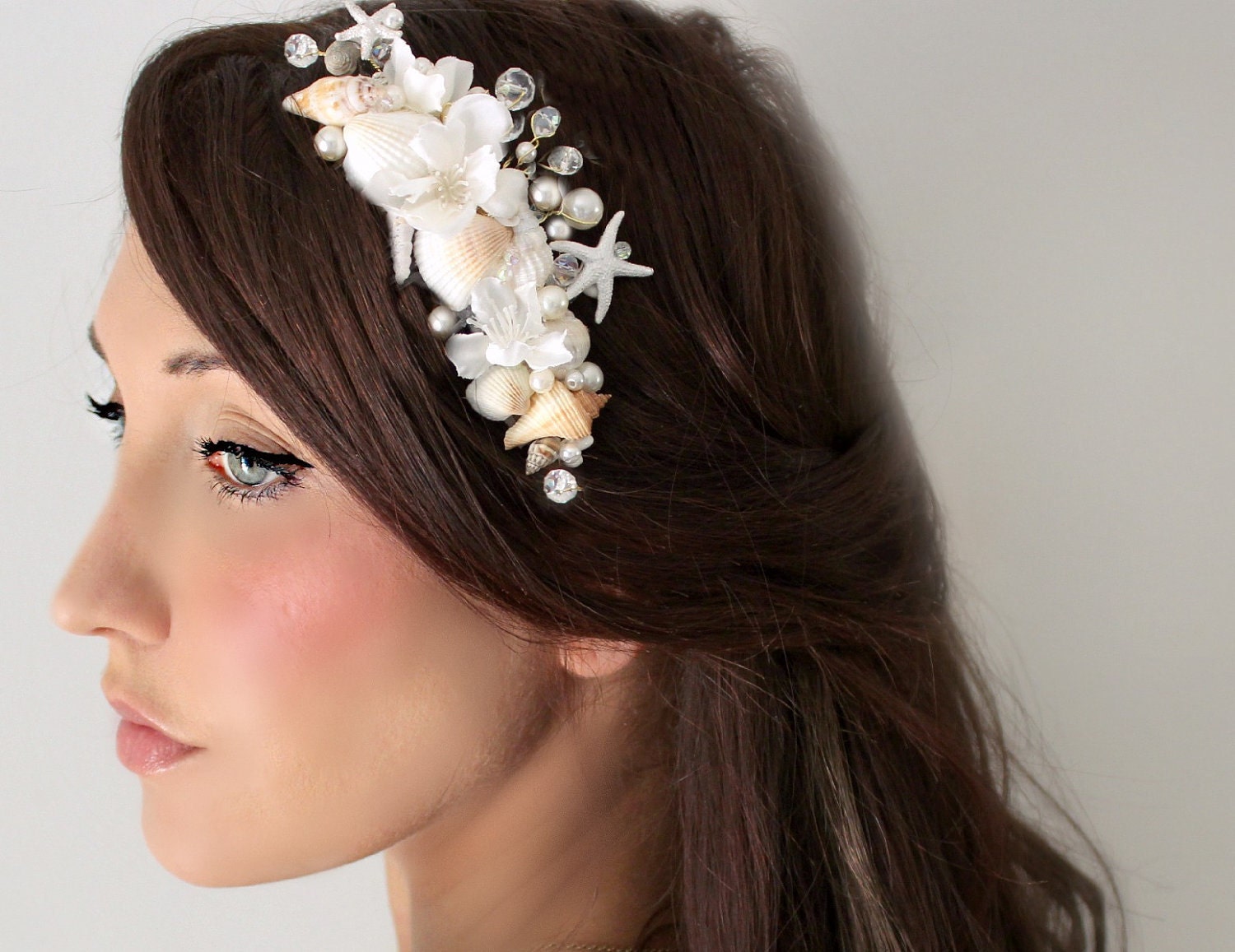 Beach Wedding, Seashell Starfish Pearls Crystals & Flowers Hair Comb, 'By The Sea', wedding accessory, bridal headpiece,