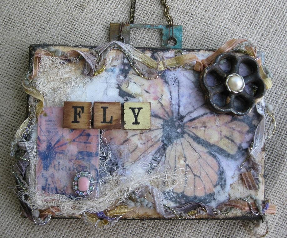 FLY Butterfly ... Vintage Shabby Fabric & Fiber Collage Assemblage - GenieHarlow