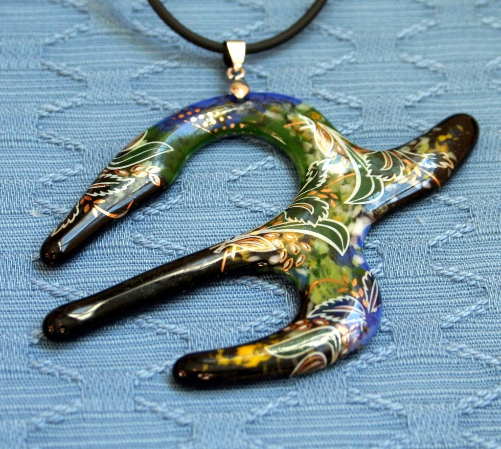 Bird Big Pendant Fused Glass Blue Black Green with floral decal abstract OOAK