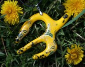 Yellow Big Pendant Fused Glass with golden decal abstract OOAK