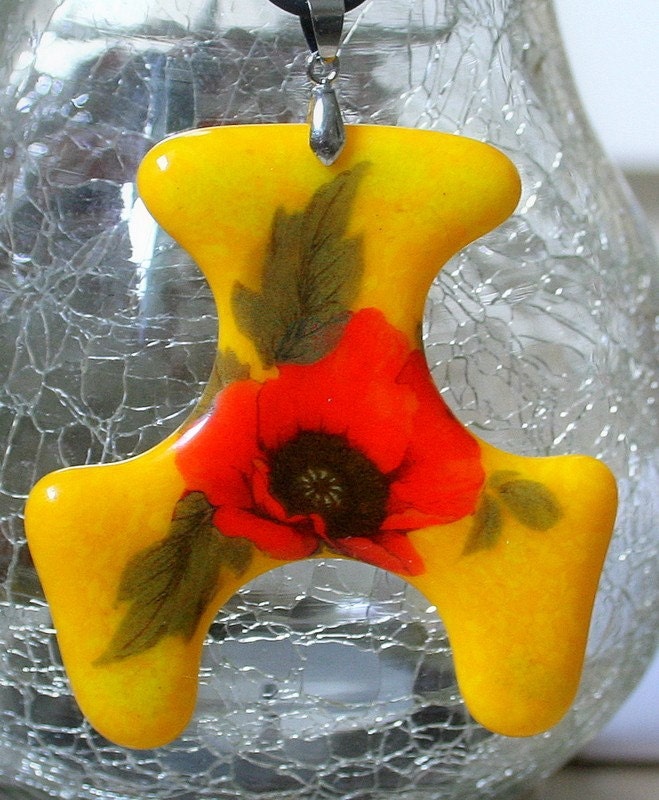 Fused Glass Yellow Floral big pendant Poppy red OOAK