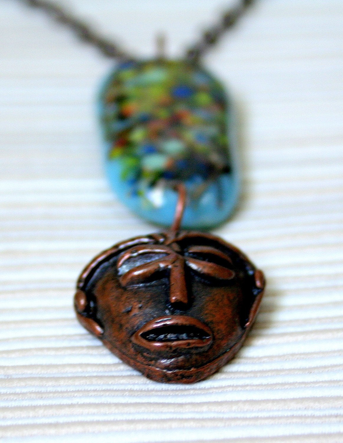 Fused Glass pendant with a Mask  Vintage style OOAK
