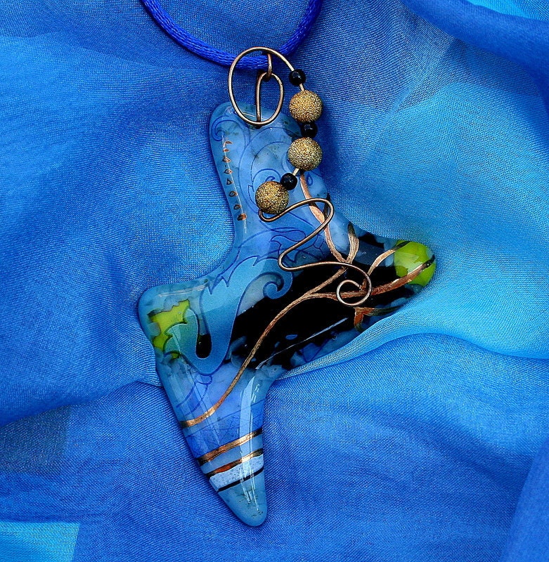 Big Pendant  Blue Fused Glass with  Floral decal