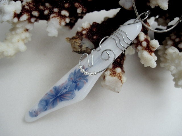 Fused Glass Long Tender Floral Pendant White Blue Delicate  OOAK
