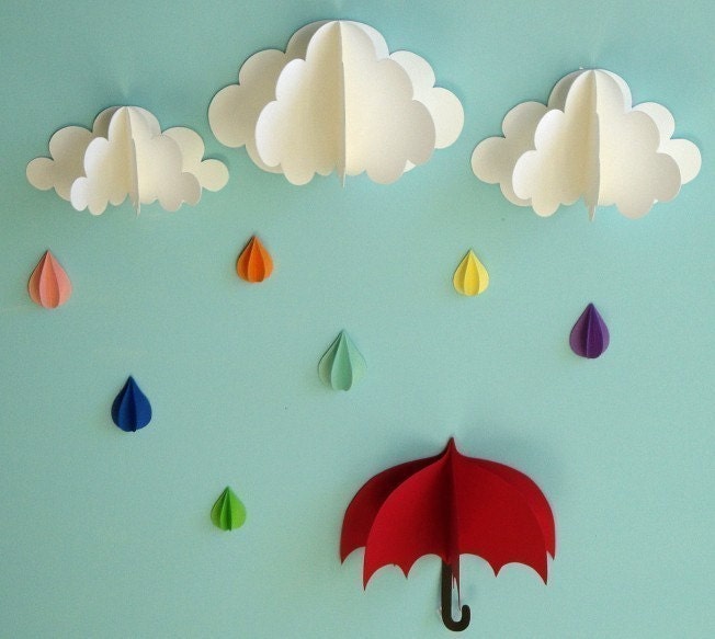 Red Umbrella, Raindrops and Clouds Wall Art/3D Paper Wall Decor/Wall Decals
