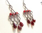 Red chandelier earrings red burgundy glass beaded antiqued copper oriental jewelry