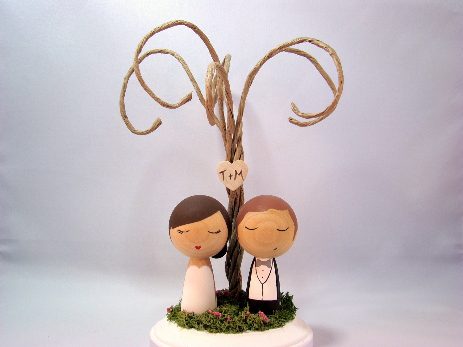 Custom Mini Kokeshi Wedding Cake Toppers with Tree Initials Base