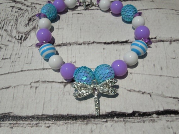 PRETTY CHUNKY Beaded Necklace With Lt. Blue Sequin Balls And Silver And Rhinestone Dragonfly Pendant-Photo Prop