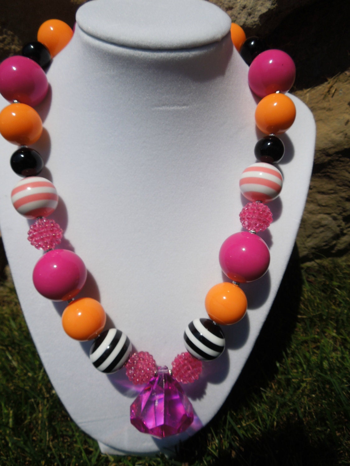 BRIGHT Chunky Necklace For Girls With Large Drop Hot Pink Diamond-Photo Props