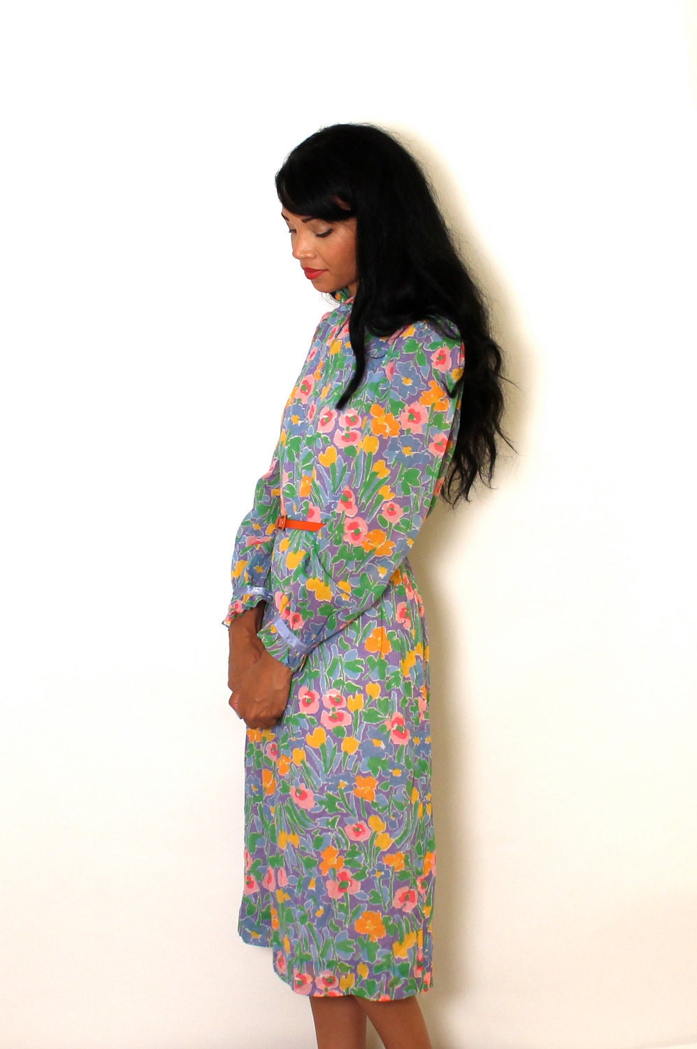 Vintage 60s 70s Dress Bright Floral Print Ruffled Collar Small Medium