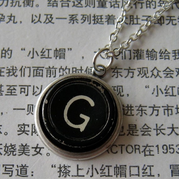 Typewriter key necklace - vintage black key - letter initial G