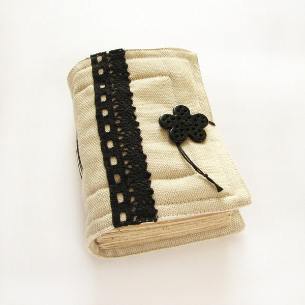 Black Flower and lace fabric journal, diary, sketchbook, brown craft paper