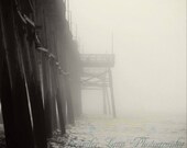 beach photography black white grey gray pier fog / IN STOCK / 8x10 Fine Art Photograph / Oak Island NC / Fog On Sunday