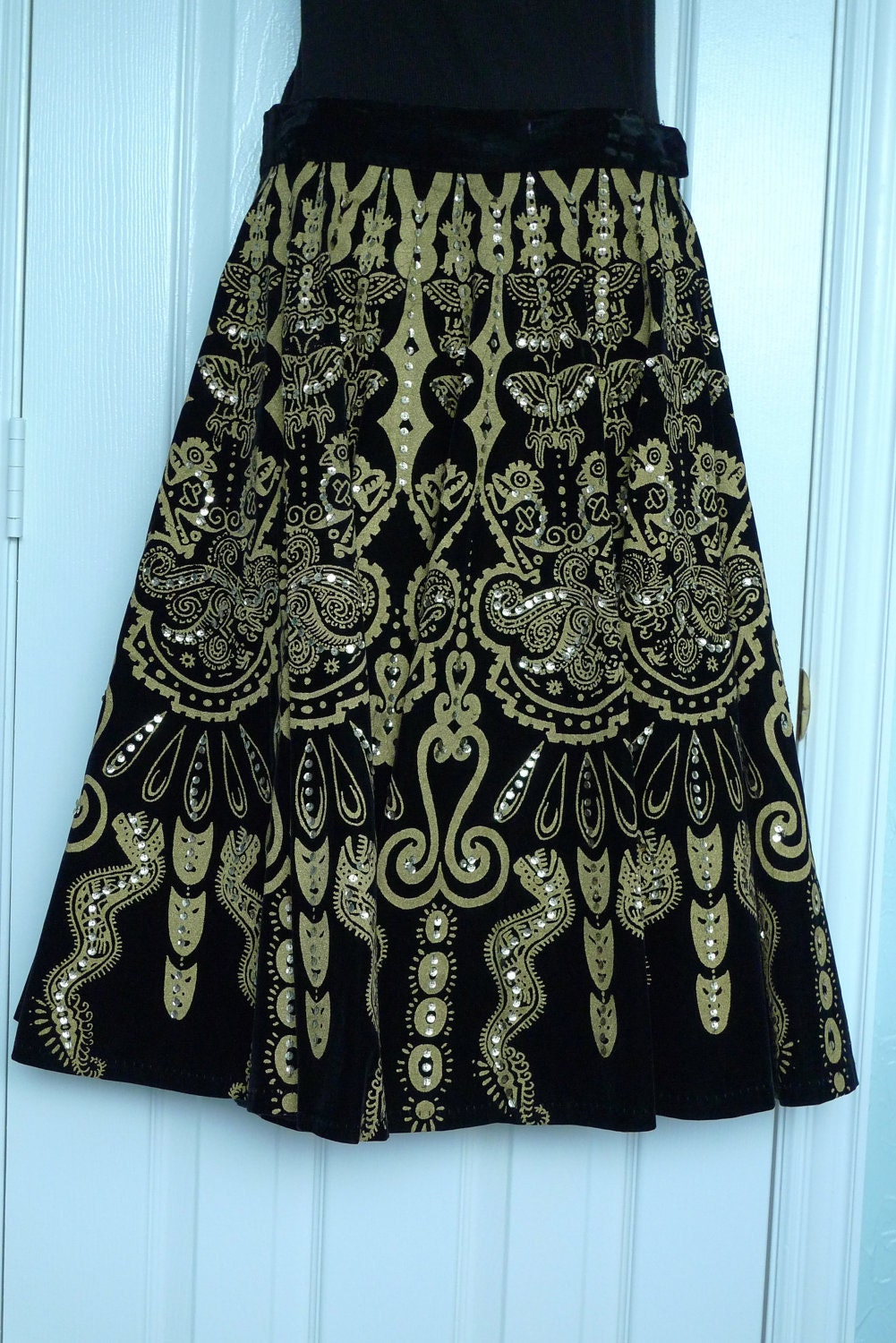 Black Velvet Circle Skirt Vintage Mexican Aztec Mayan Metallic Paint Mask Lizard Butterfly Snake Symbols 50's Folk Art Tiki FREE SHIPPING
