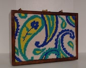 Paisley box purse 70's Mod Needlepoint Handbag Handmade Kitsch Wood Box Bag Haight Ashbury OOAK retro vintage hippie boho flower FREE SHIP