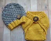 Baby Hat Cute Diaper Cover Set in Grey and and Mustard Yellow Handmade Wood Button Photo Prop Vintage Style Shabby Chic