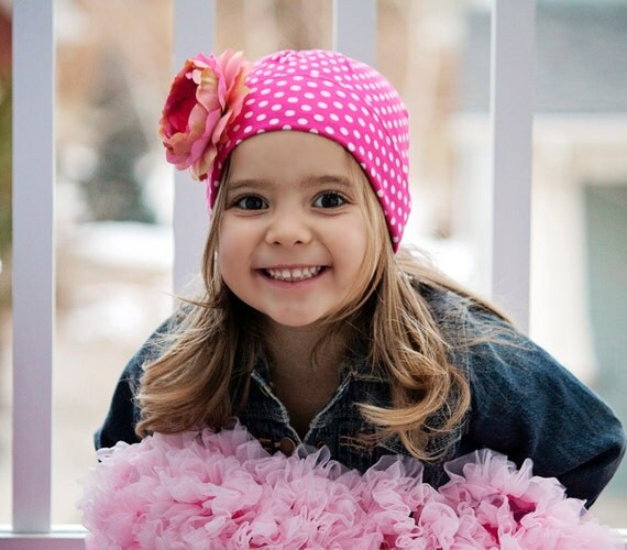 Adorable Valentine Pink and White Polka Dot Baby Girl Toddler Hat with Pink Flower Clip - Perfect for Valentines Day