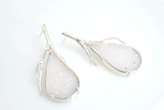 drusy twig earrings in sterling silver- made to order