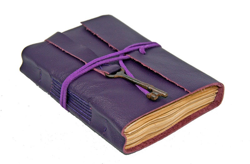 Purple Leather Journal with Antique Skeleton Key Bookmark and Tea Stained Pages