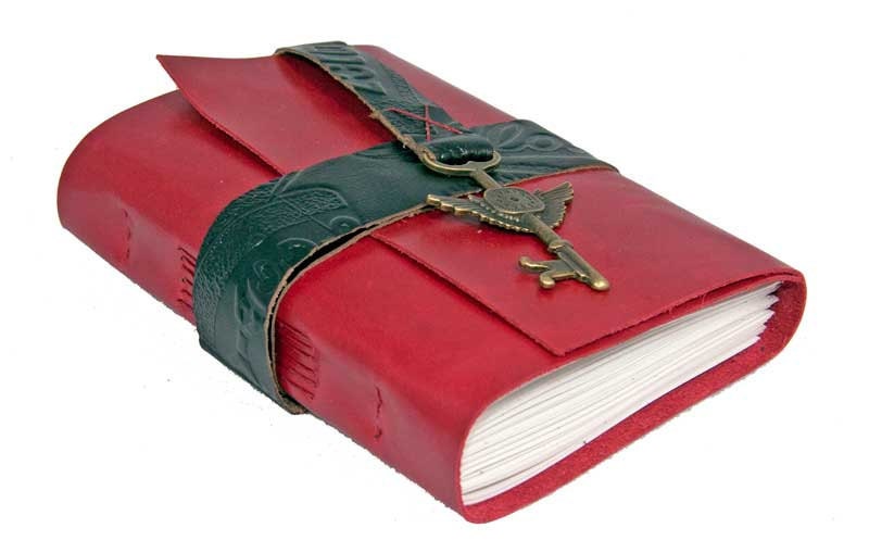 Red Leather Journal with Winged Clock Key Charm Bookmark