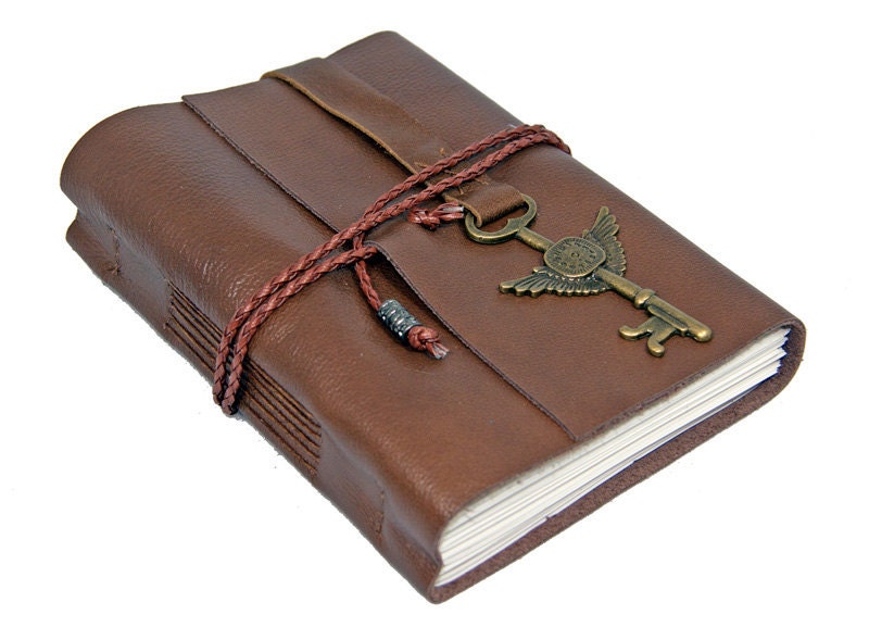 Brown Leather Journal with Winged Clock Key Charm Bookmark