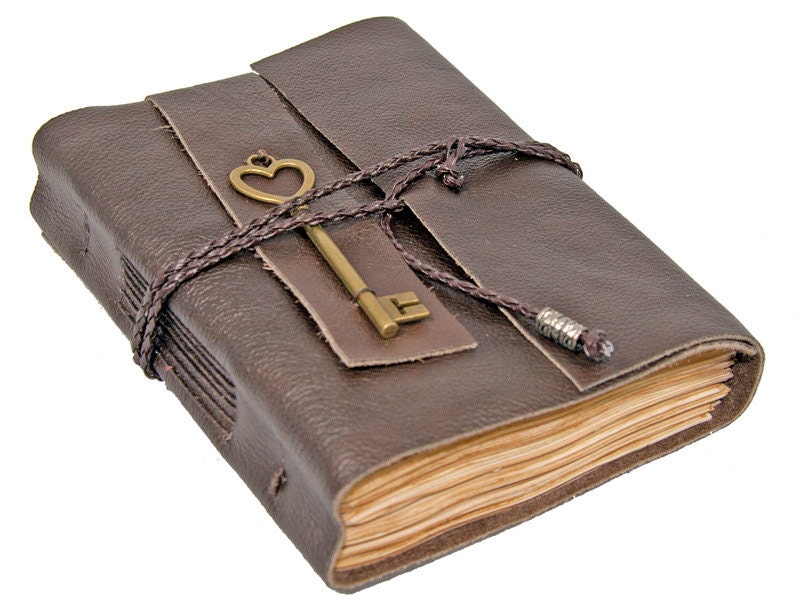 Brown Leather Journal with Heart Key Charm Bookmark and Tea Stained Pages