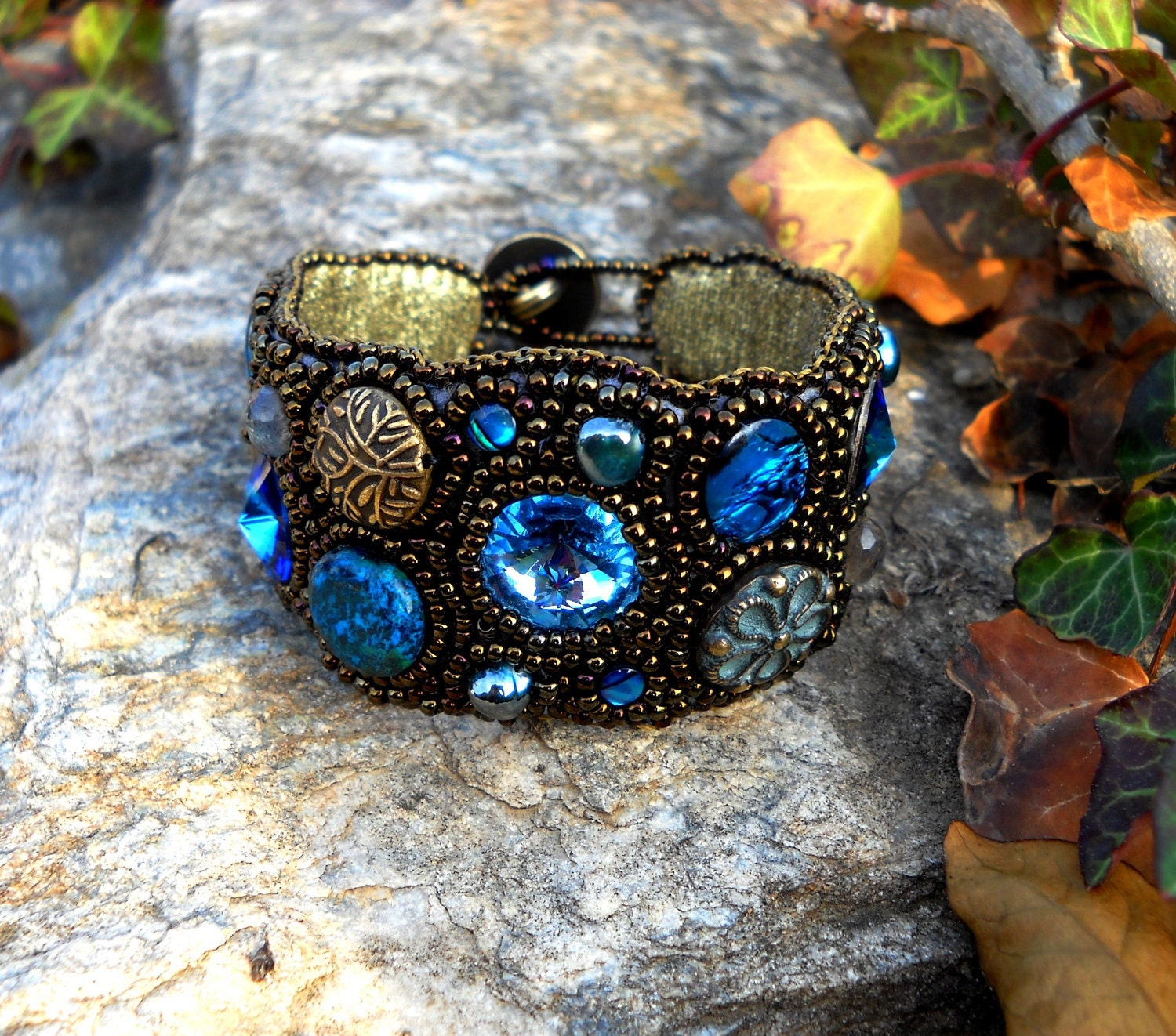 Bead Embroidery Cuff Teal Gold Bronze Turquoise Swarovski Crystals, Abalone, Chrysocolla, Labradorite and Freashwater Pearls