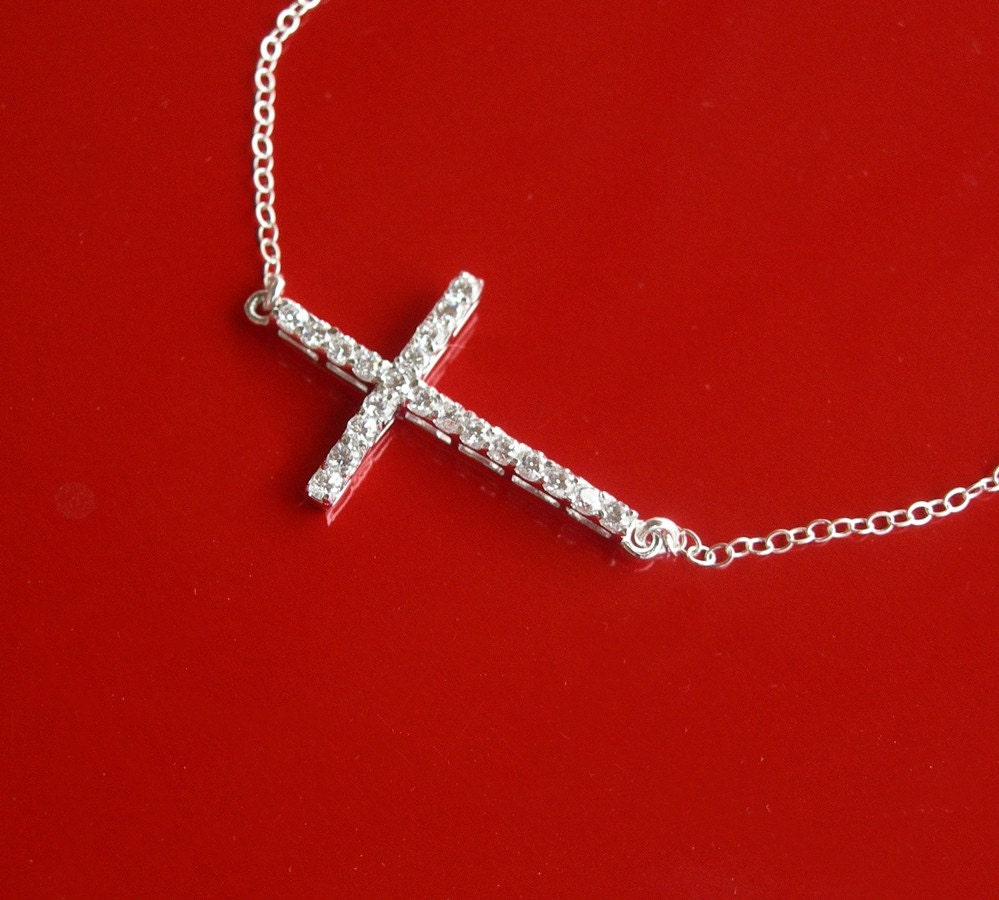 CZ Sideways Cross Necklace Vanessa Hudgen Style - Sterling Silver